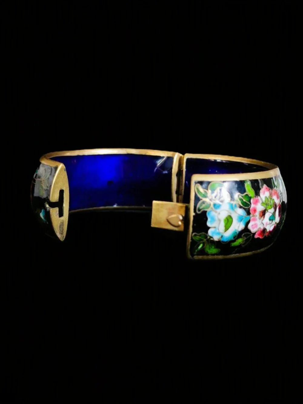 Vtg 60s Chunky Cloisonne Hinged Bangle Bracelet Heavy Brass Black Enamel 1.25